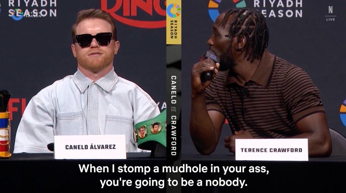 🗣️ Canelo: “Mention one elite fighter.” 🗣️ Terence Crawford: “You. … When I stomp a mudhole in your ass, are you gonna be a nobody?” Throwback to this press conference exchange between Canelo Alvarez and Terence Crawford in September 👀 #CaneloCrawford