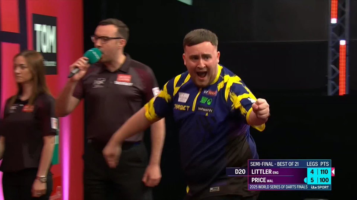 LITTLER LEVELS UP! This time it's a roar from Luke Littler! After Price missed two darts for a 6-3 lead, Littler responds with a clinical 110 finish on tops to restore parity at 5-5! 📺 #WSODFinals | SF