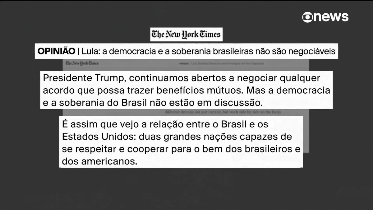 O jornal americano “The New York Times” publicou um artigo de opinião do presidente Lula. No texto, Lula se diz aberto a negociar, mas reforça que soberania e democracia “não estão na mesa”. ➡ Assista na #GloboNews: