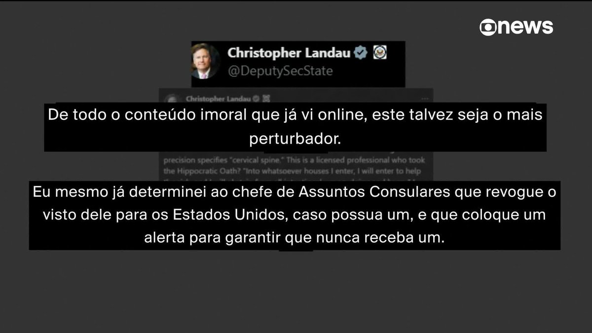 O vice-secretário de Estado dos EUA, Christopher Landau, disse que determinou a revogação do visto de um médico brasileiro, depois que este elogiou nas redes sociais o assassinato do ativista Charlie Kirk. Saiba mais. ➡ Assista na #GloboNews:
