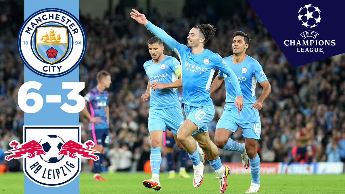 #OnThisDay: #ManCity 6-3 RB Leipzig [2021] ⚽️ [16'] Nathan Aké ⚽️ [28' OG] Nordi Mukiele ⚽️ [45+2' P] Riyad Riyad Mahrez ⚽️ [56'] Jack Grealish ⚽️ [75'] Joao Cancelo ⚽️ [85'] Gabriel Jesus - ⚽️ [42', 51', 73'] Christopher Nkunku