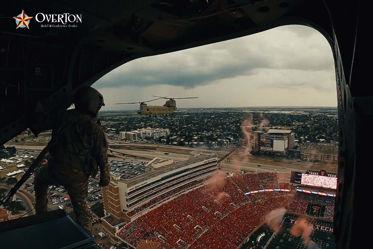 Special thank you to yesterday's flight crew of the Texas Army National Guard, 2-149 GSAB XO Unit - featuring three Texas Tech University alum - for the pregame CH-47 flyover. #WreckEm | Overton Hotel