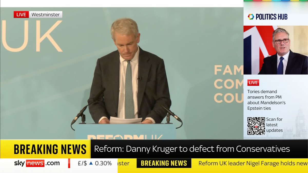🗣️"The Conservative Party is over". Shadow minister Danny Kruger announces his defection from the Tories to Reform UK. 👇🏼