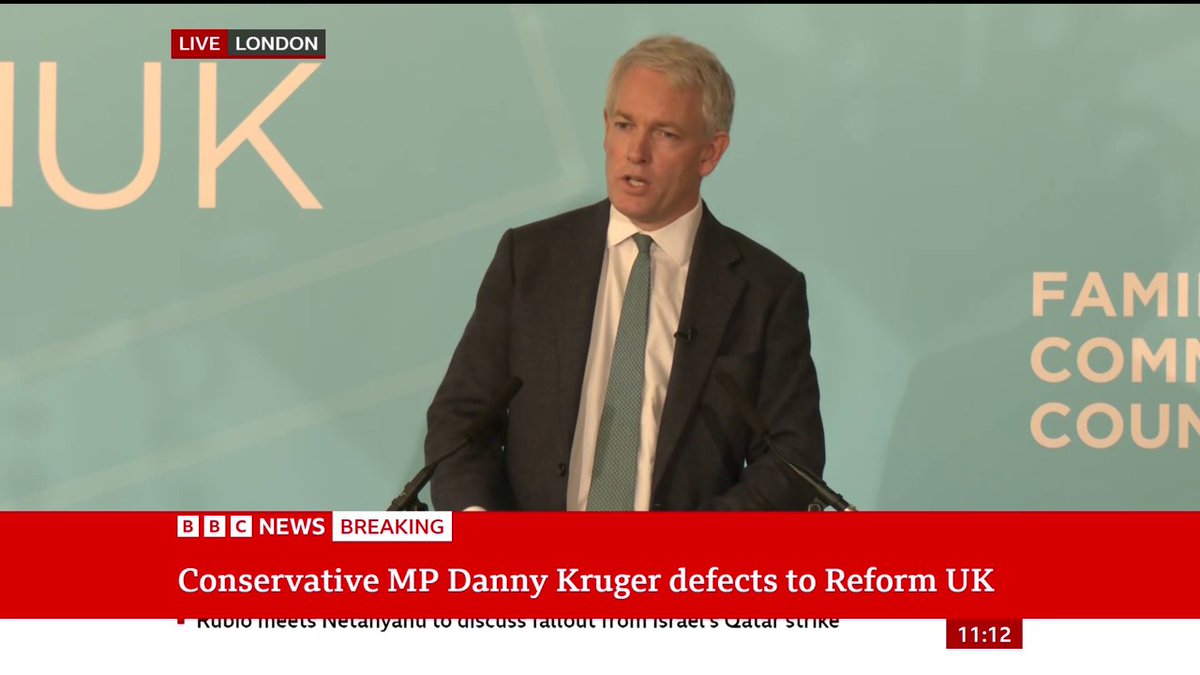"The Conservative Party is over, over as a national party, over as the principle opposition to the Left," Tory MP Danny Kruger says as he defects to Reform UK