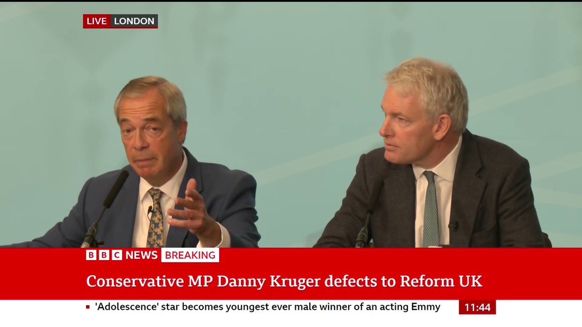 "My prediction is that after next May, the Conservative Party will cease to be a national party," Reform UK leader Nigel Farage says after the defection of Tory MP Danny Kruger to his party