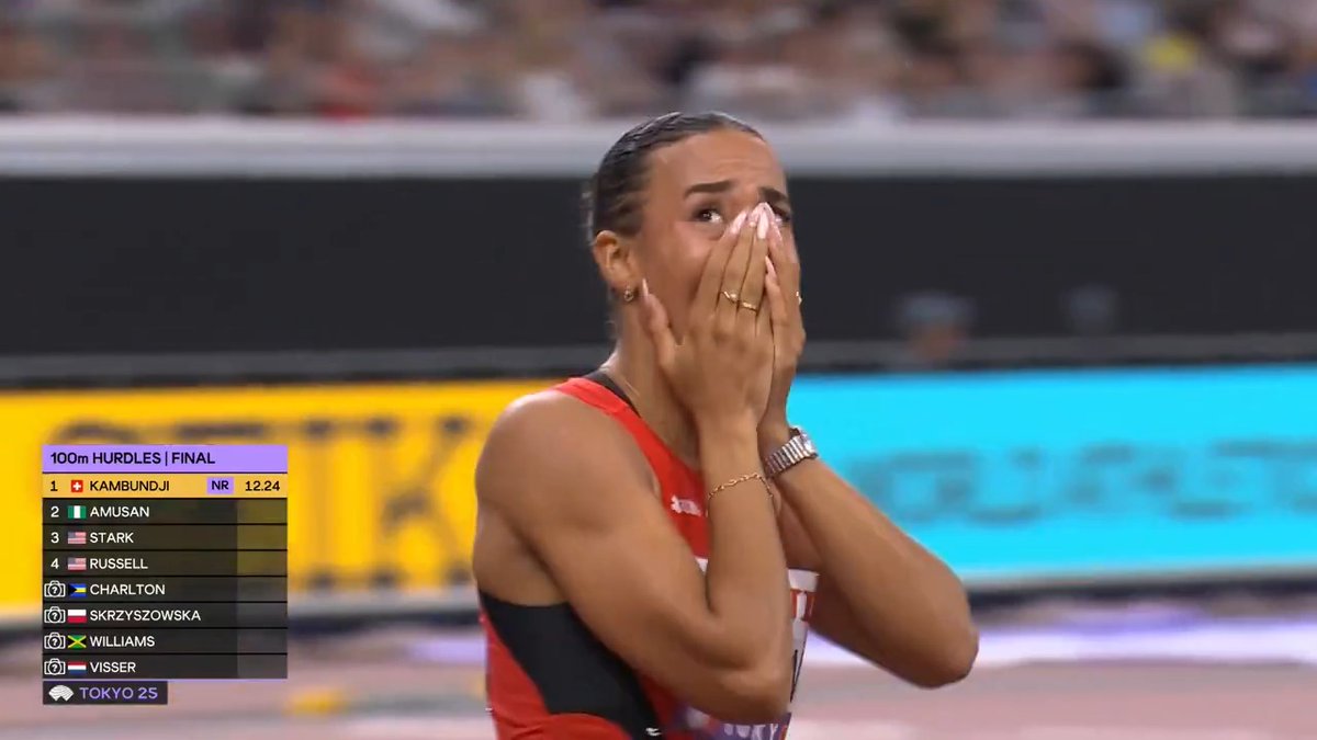 【東京世界陸上】 ▶️女子100mハードル 決勝 🥇🇨🇭カンブンジ 選手 12秒24(スイス国内新記録) 🥈🇳🇬アムサン 選手 12秒29 🥉🇺🇸スターク選手 12秒34 🇨🇭カンブンジ 選手 が スイスの国内記録を更新して 👑女子100mハードル女王👑 📺TBS系列 生中継
