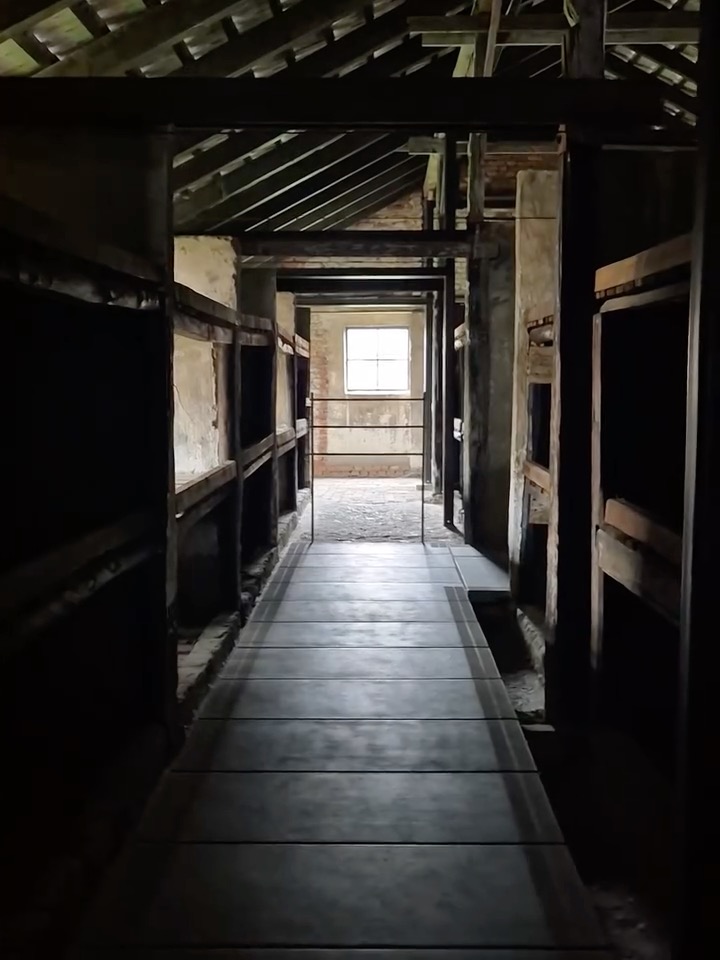 A brick barracks for prisoners at Auschwitz II-Birkenau camp. Inside, there were 60 brick partitions, each with three levels of bunks, creating in total 180 bunks. Usually four people slept on each bunk, but when the camp was overcrowded, this number increased. According to SS plans, each of these barracks was to house over 700 prisoners. Initially, these blocks had dirt floors, but with time, these were covered with a layer of bricks or concrete. — Video:
