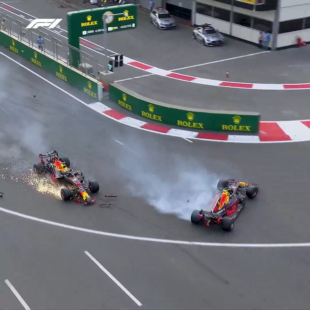 Chaos for Red Bull! 🫣 Max Verstappen and Danny Ric's infamous 2018 Baku collision, which ended the race for both drivers 🤯 #F1 #AzerbaijanGP