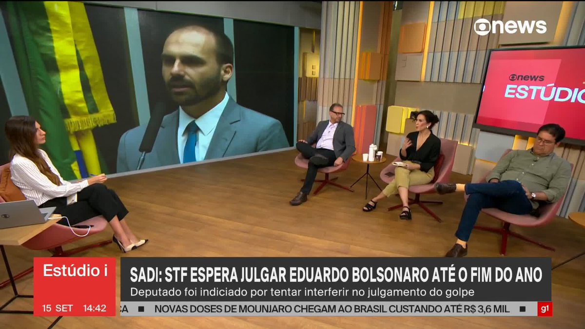 .Andréia Sadi: Primeira Turma do STF espera julgar Eduardo Bolsonaro até o fim de 2025, por suposta tentativa de interferir no julgamento da tentativa de golpe de Estado. ➡Assista à #GloboNews: #Estudioi