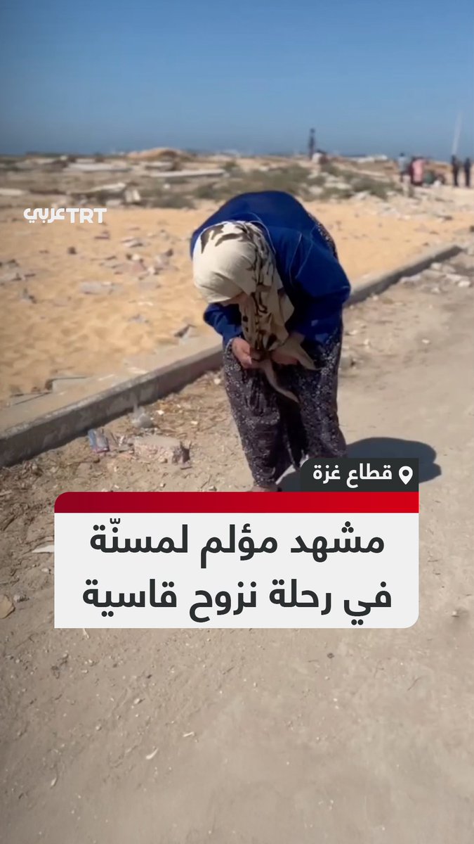 بسبب قصف الاحتلال الهستيري لتهجير الناس.. مشهد مؤلم لمسنّة فلسطينية في أثناء محاولتها النزوح من شمال غزة إلى الجنوب. #تفاعل ليصل إليك كل جديد