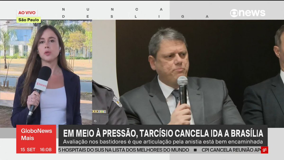 O governador de São Paulo, Tarcísio de Freitas, desistiu de ir a Brasília para tentar destravar a pauta da anistia – no Congresso, a avaliação de parlamentares do centrão é de que ele deve poupar esforços pensando numa candidatura à Presidência em 2026. Tarcísio entrou com novo pedido ao ministro do STF Alexandre de Moraes para fazer nova visita ao ex-presidente Jair Bolsonaro, que cumpre prisão domiciliar. Saiba mais com Júlia Zaremba. Assista ao #GloboNewsMais: #GloboNews