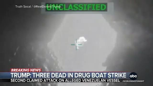 Pres. Trump released a video that he said shows a second U.S. military strike targeting narco terrorists from Venezuela, who he claims were attempting to smuggle drugs into America. The strike killed three people, the president said. Jonathan Karl reports.