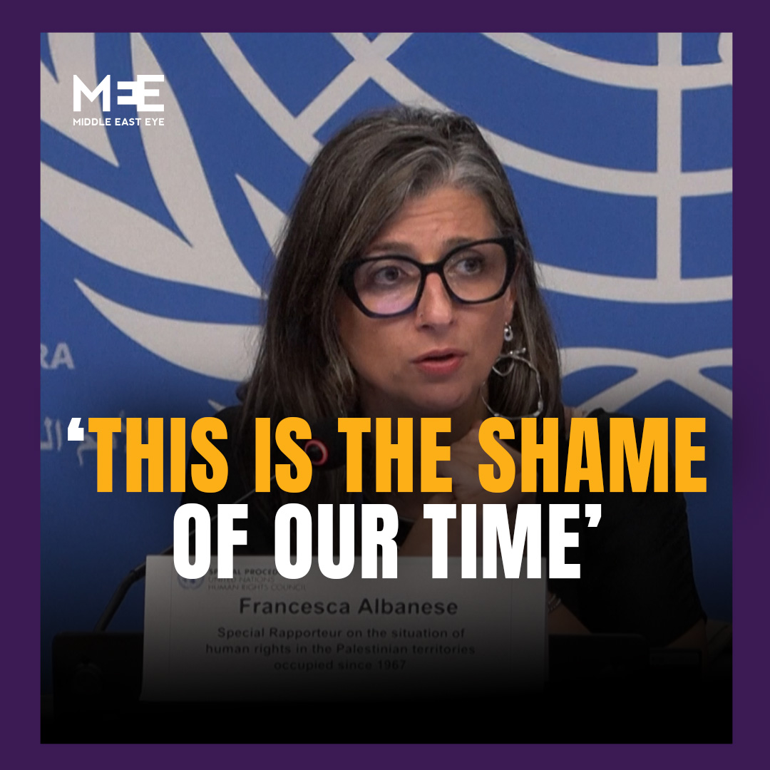 The UN Special Rapporteur on the occupied Palestinian territories Francesca Albanese says failure by countries to act on the genocide in Gaza, such as stopping arms trade with Israel, is the "shame of our time".
