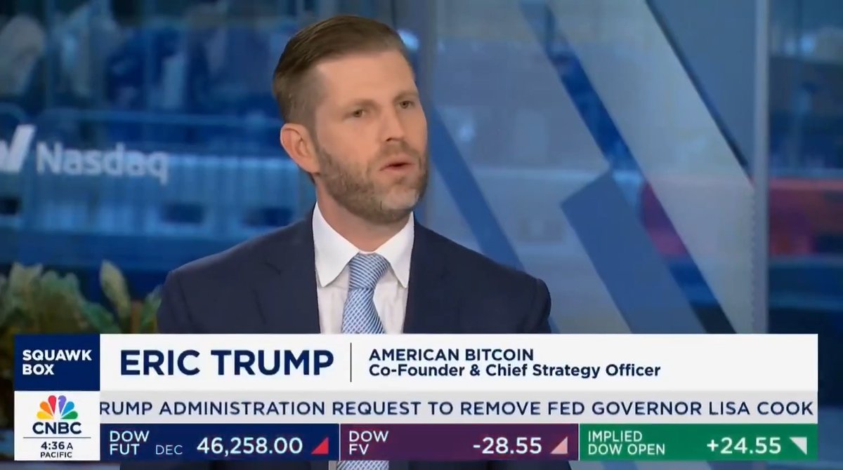 🇺🇸 NEW: In a CNBC interview, American Bitcoin's Co-Founder and Chief Strategy Officer, Eric Trump, called Bitcoin the "modern-day gold" and the "greatest hedge to real estate that there is," adding that the world's wealthiest families, companies, and sovereign wealth funds are "hoarding" the asset because its "the greatest asset of our time."