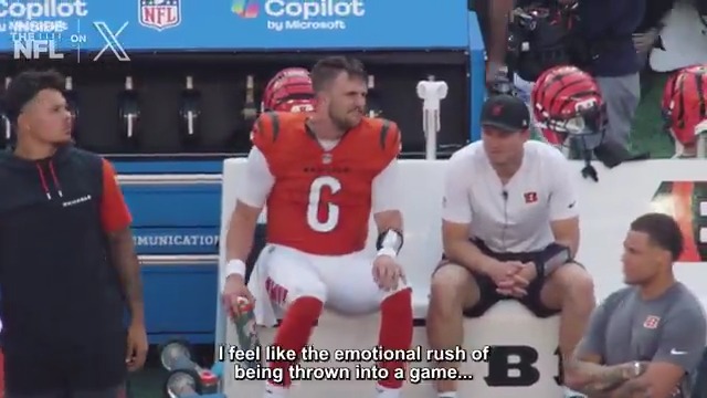 Jake Browning was wiped after coming into the game and leading the Cincinnati Bengals to a comeback win. Inside the NFL Mic'd Up on X 🔊