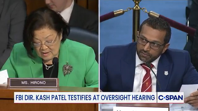 Sen. Senator Mazie Hirono asks about FBI personnel changes. FBI Director Kash Patel: "When you're talking about firings you're looking for a media hit and a fundraising clip and I'm not going to give it to you."