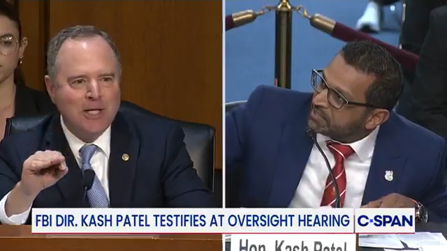 FBI Director Kash Patel to Senator Adam Schiff: "You are the biggest fraud to ever sit in the U.S. Senate. You are a disgrace to this institution and an utter coward...you are political buffoon at best!"