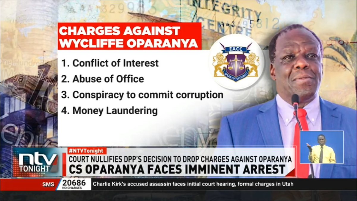 Oparanya Faces Imminent Arrest MSMEs CS Wycliffe Oparanya now faces imminent arrest after High Court nullified DPP's decision to withdraw corruption charges against him EACC revealed that ODPP has withdrawn 18 high profile corruption cases since 2017. #NTVTonight Zainab Ismail