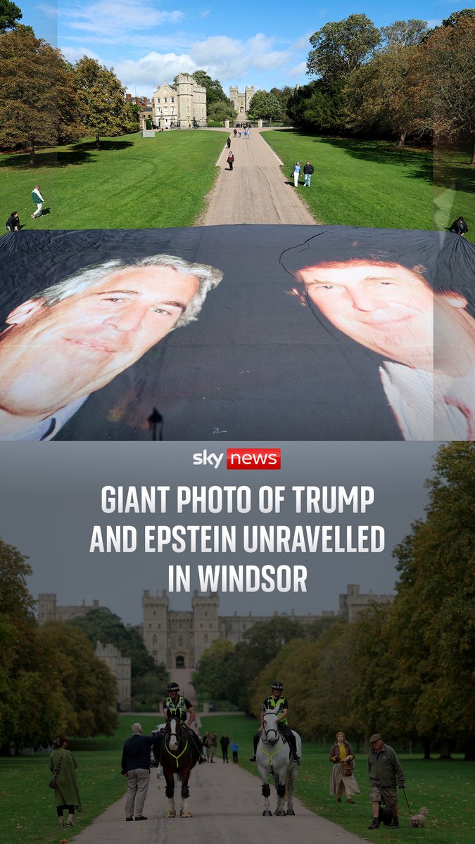 A giant photo of US President Donald Trump and paedophile Jeffrey Epstein has been unfurled outside Windsor Castle. Follow our live blog on Donald Trump's second state visit to the UK 🔗