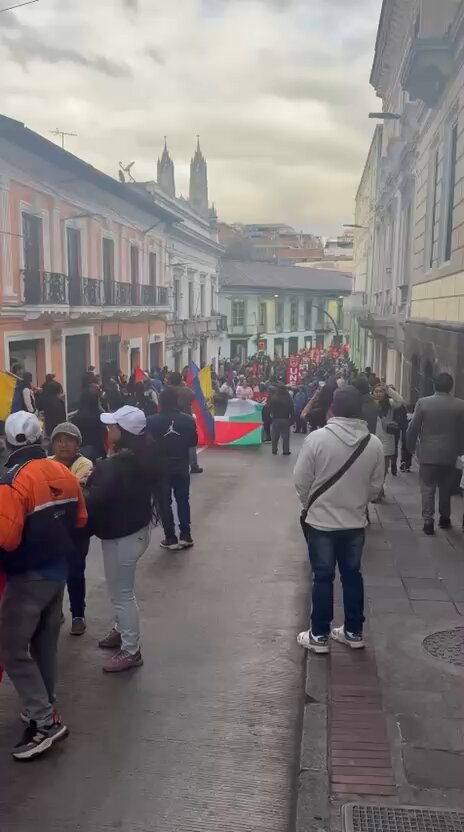 "Y va a caer, y va a caer, este Gobierno va a caer" son algunos de los cánticos de los estudiantes que avanzan hacia el centro histórico de Quito, en la jornada de protesta organizada por la Universidad Central.