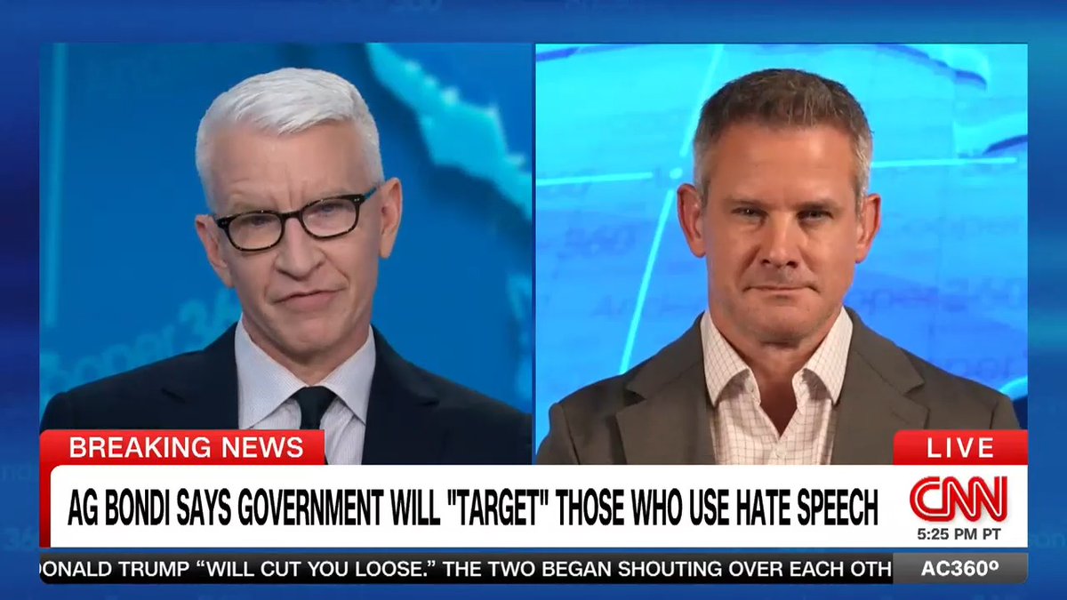 "I feel like the administration is getting a little high on their own supply. They feel very powerful. They feel like the Constitution doesn't apply": Adam Kinzinger (Slava Ukraini) 🇺🇸🇺🇦 on Trump White House officials saying they will "target" those who use hate speech.