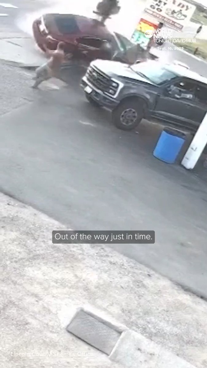 A man was cleaning his windshield at a gas station in Nebraska when he spotted an out-of-control car headed right for him. Luckily, he managed to get out of the way just in time. Authorities said they plan to charge the driver. David Muir reports.