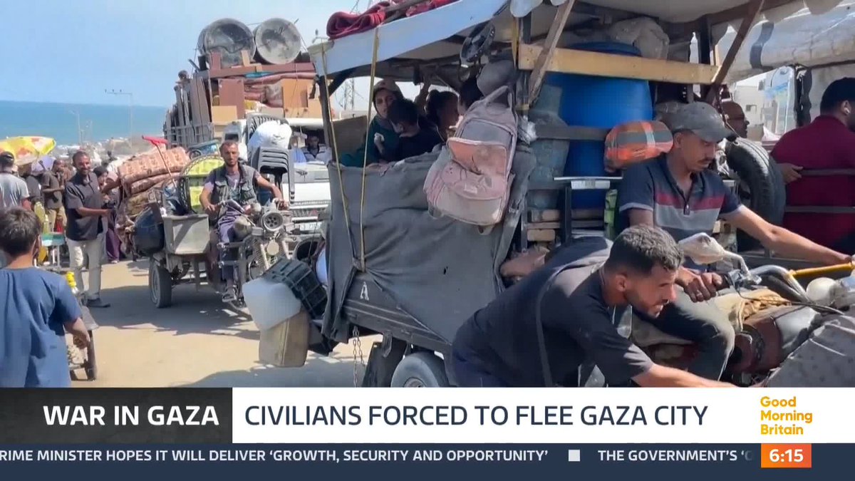 Thousands of people continue to flee Gaza City as the Israeli army continues its new ground operations to sieze control there. The move has been strongly condemned by the Foreign Secretary, Yvette Cooper. Liz Summers reports.