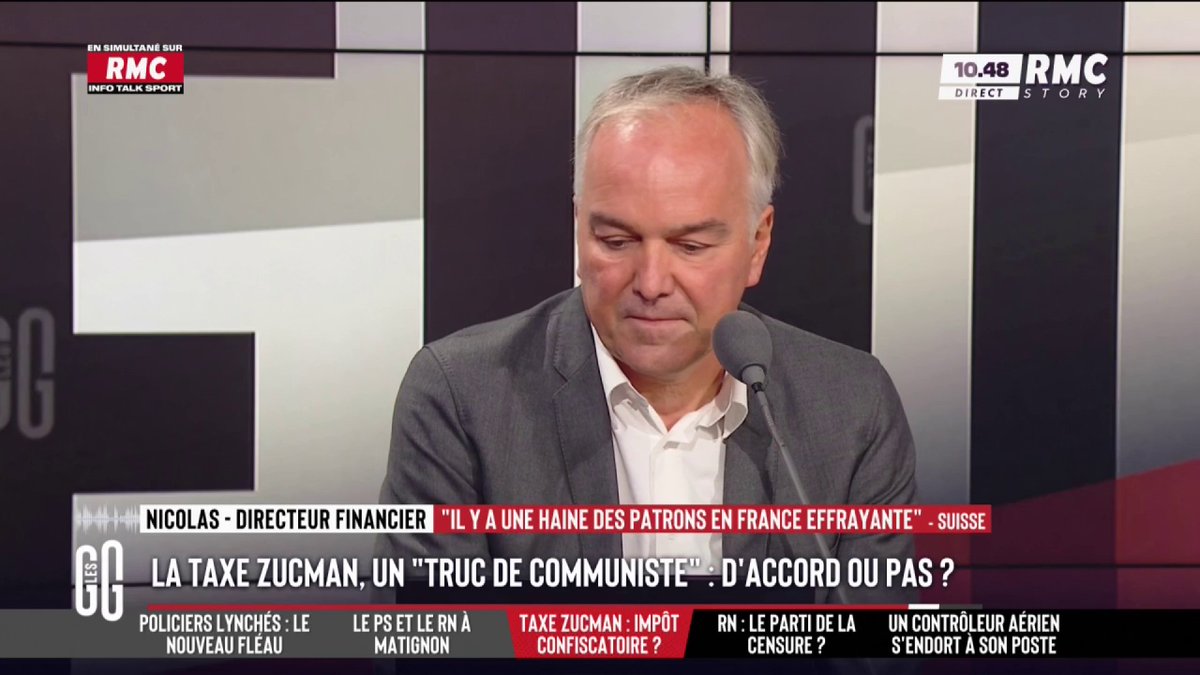 💰 La taxe Zucman, « un truc absurde et communiste », selon la BPI France 📞 Nicolas, directeur financier en Suisse, au 3216 : "C'est triste que 65 millions d'habitants veuillent taper sur 1 800 qui créent de la richesse. En Suisse, être patron n'est pas mal vu." #GGRMC