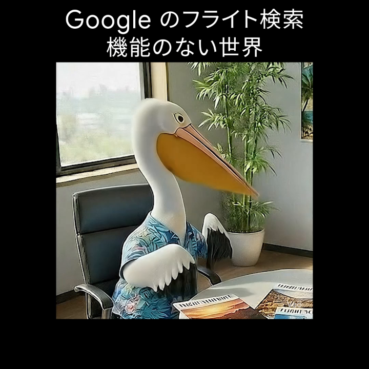 どの飛行機にするか悩ましい。 自分で飛べたらはやいのにな…🪿(?) もしも、Google のフライト検索機能が “ない世界” だったら… (リリース:2013 年) Google 検索は日本で 25 周年 ※ぜひ音ありで🔊