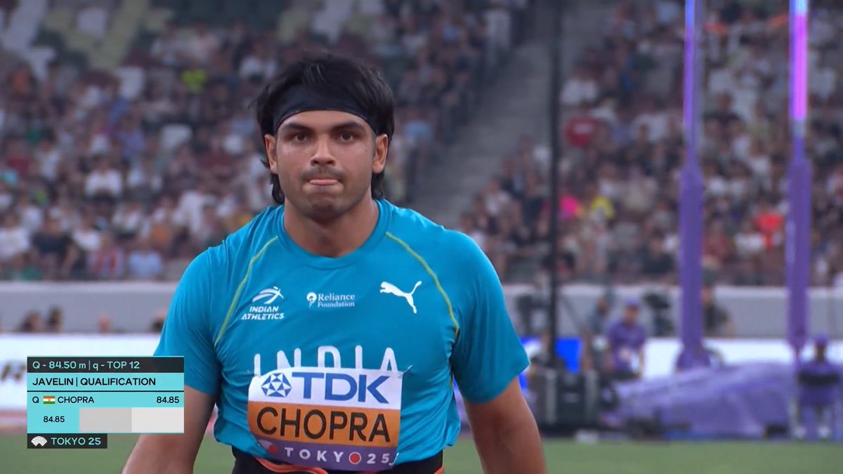 【#東京世界陸上】 ✅男子やり投 予選A 🇮🇳#チョプラ 84m85 1回目の投擲で決勝進出!!! 連覇を狙って🇮🇳#チョプラ が挑む🔥 決勝は 18日(木)19時23分頃〜 📺TBS系 生中継 ⚡️TVerでは放送同時 & 全49種目LIVE配信⚡