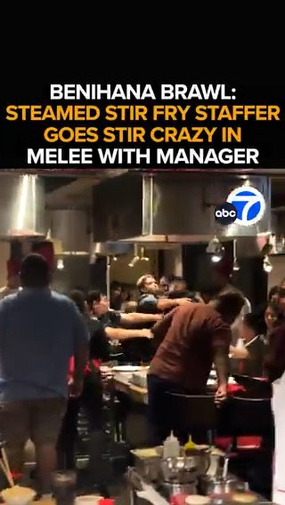 Panicked patrons grab their kids and flee a Torrance Benihana restaurant after an irate worker flings food and brawls with his boss, police say. What set the worker off? An update on the wounded security guard caught in the middle of the clash. This morning at 6 from ABC7.