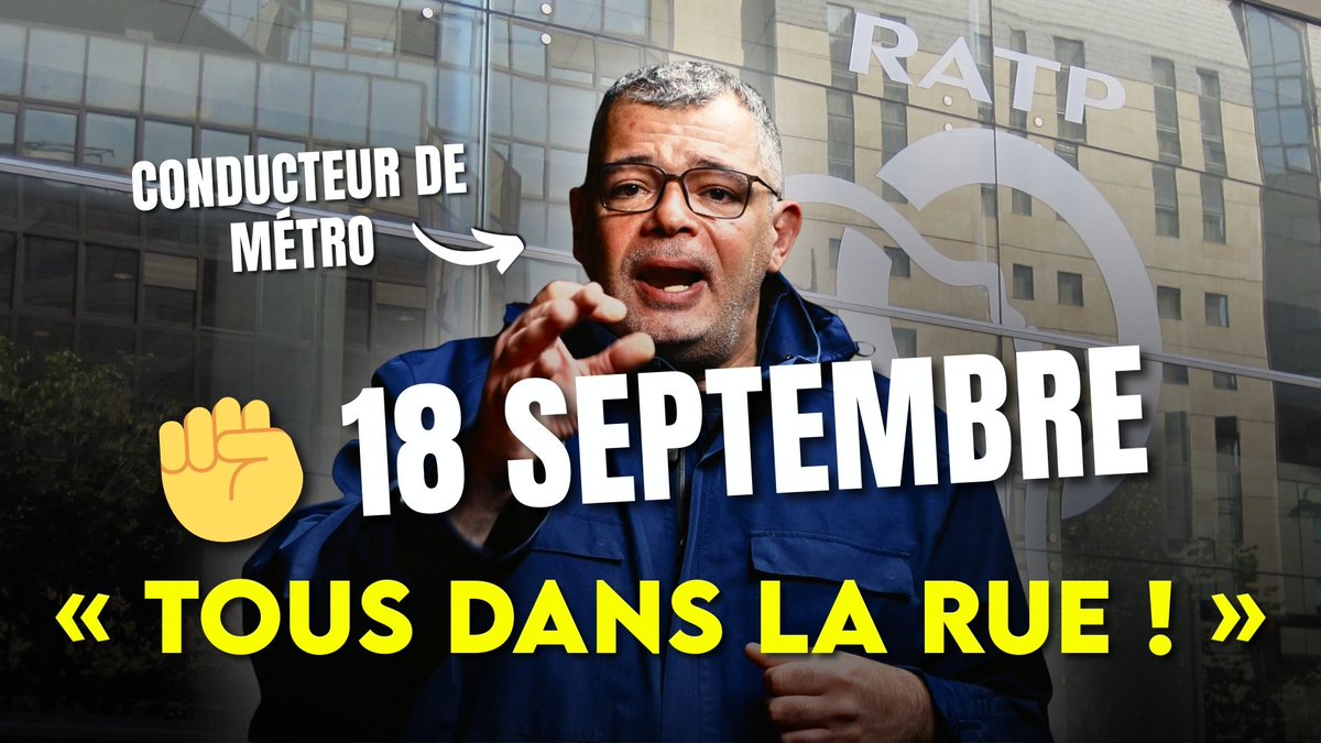 ✊ 18 SEPTEMBRE : un conducteur de métro RATP APPELLE à la grève TOUS ENSEMBLE Laurent, conducteur de métro à la RATP, appelle tous les secteurs à rejoindre la mobilisation du 18 septembre. Rendez-vous à 12H À Gare du Nord pour une AG avant un départ collectif à Bastille !