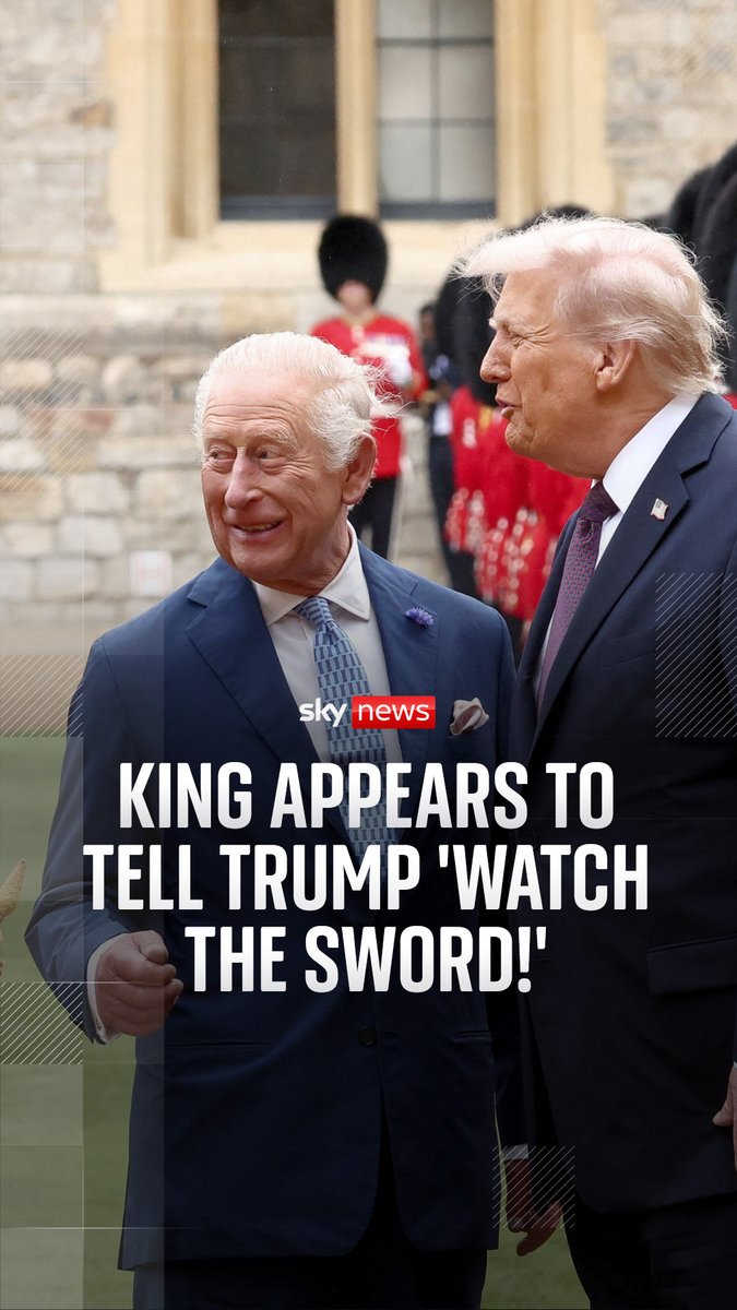 A video clip from our royal correspondent Rhiannon Mills appears to capture the King saying 'watch the sword!' - before nudging Donald Trump and smiling. Follow live updates on the state visit: