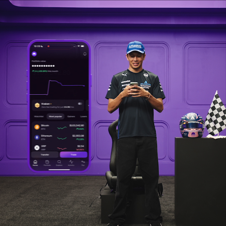 Helmet on. Strategy set. Recurring crypto buys in 8 seconds flat with Kraken & Alex Albon Atlassian Williams Racing