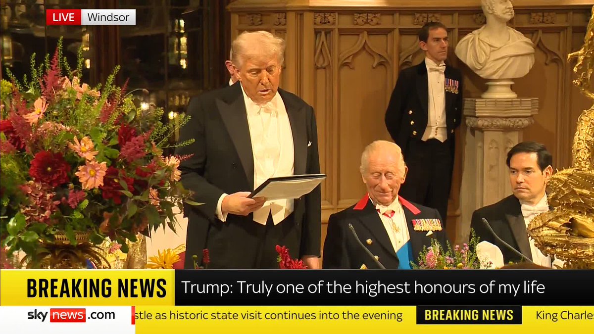 "This is truly one of the highest honours of my life." US President Donald Trump addresses the King and guests at a banquet during his state visit to the UK. 📺 Sky 501, Virgin 602, Freeview 233 and YouTube