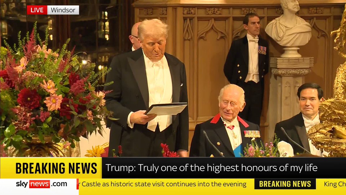 US President Donald Trump addresses Princess Catherine during his speech at the State Banquet. 'To see Her Royal Highness...so radiant and so healthy, so beautiful. It's really a great honour," he says. 📺 Sky 501, Virgin 602, Freeview 233 and YouTube
