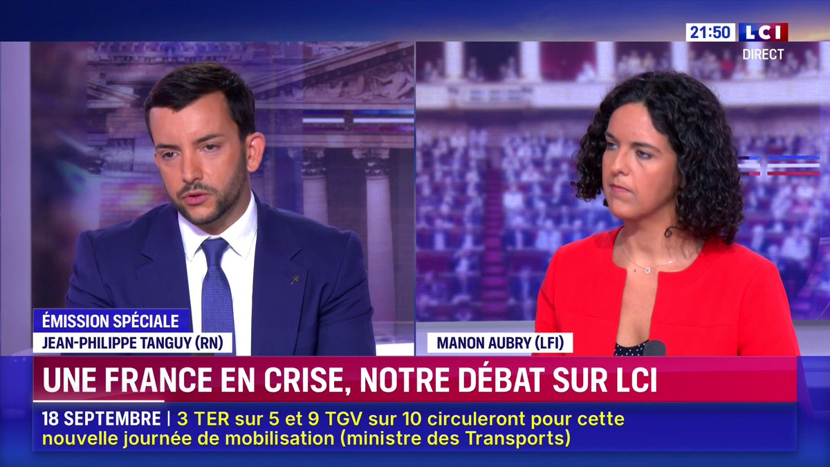 🗣️ "Votre capacité à toujours vouloir pourrir de l'intérieur tous les mouvements sociaux que vous touchez est dramatique" : Jean-Philippe Tanguy Ⓜ️ à Manon Aubry. 📺 Darius Rochebin