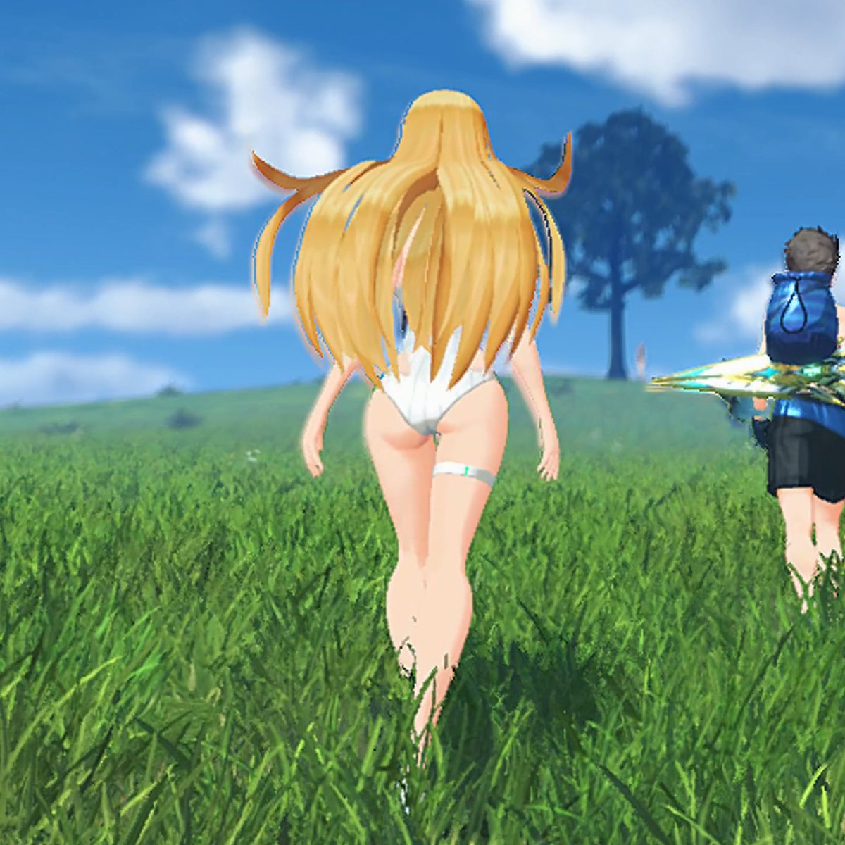 Radiant Beach Mythra taking a stroll in Dreamworld Elysium