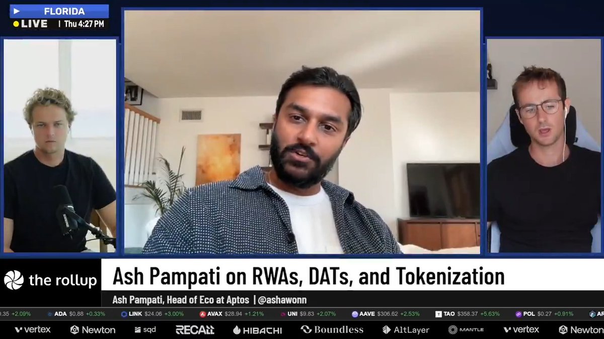 The rails should be so invisible, you don't even realize you're onchain. → That's real-world adoption. That's what Aptos was built for. Featuring ash 🇺🇸 (SVP &amp; Head of Ecosystem, Aptos Foundation) on The Rollup alongside @ayyyeandy &amp; robbie.