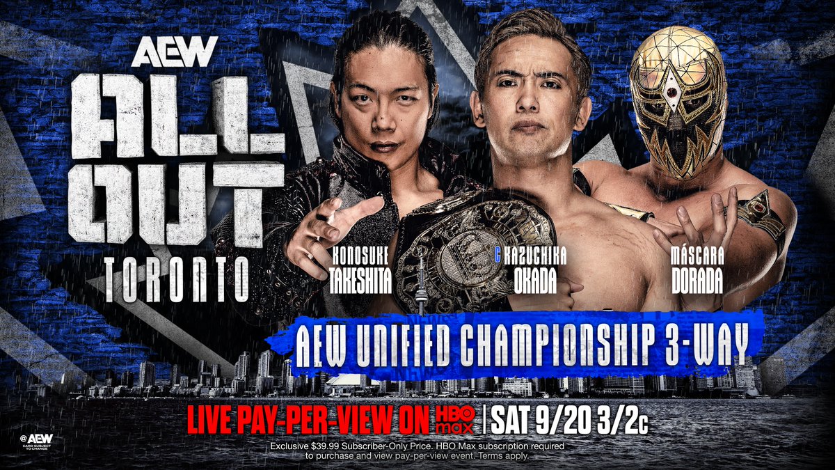 .Konosuke Takeshita faces off with @RainmakerXOkada, but Mascara Dorada CMLL makes his presence known as the third man in the #AEWAllOut Unified Championship 3-Way! Watch #SeptembertoRemember LIVE on TBS &amp; HBO Max