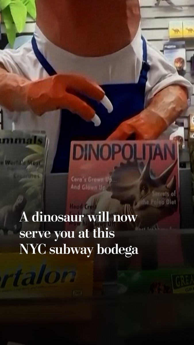 Artists Sarah Cassidy and Akiva Leffert worked together to turn an abandoned New York City subway newsstand into a "dinosaur bodega" art installation, complete with dinosaur-themed magazines, snacks and a "cave for rent" advertisement.