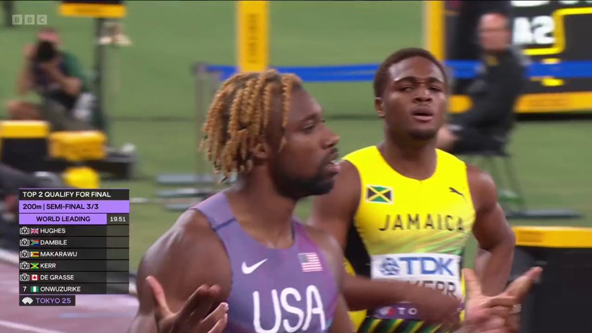 A statement performance from Noah Lyles in the men's 200m semi-finals. 😯 Britain's Zharnel Hughes is also through to Friday's final. #BBCAthletics