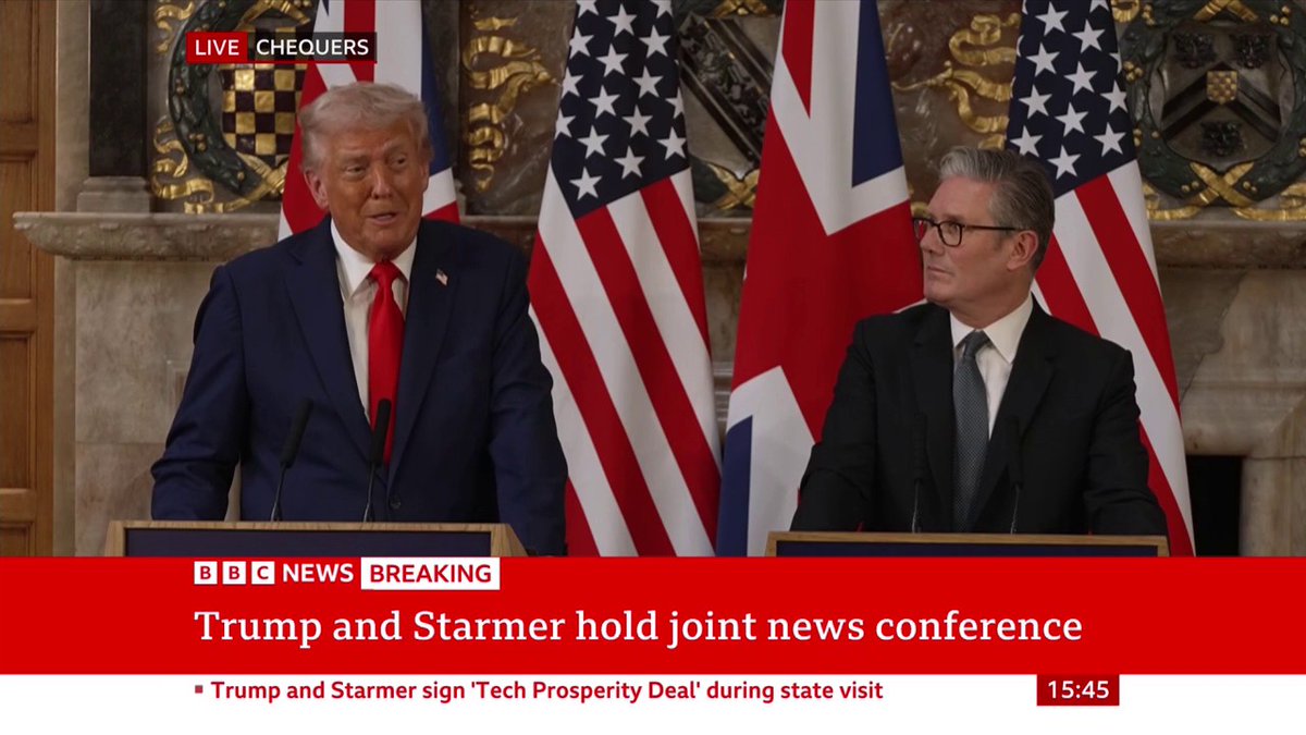 On Jimmy Kimmel being taken off air and if free speech is under attack, Trump says Kimmel said “a horrible thing about Charlie Kirk” and he “had very bad ratings” “Everybody believes in free speech in democracy,” Keir Starmer adds Follow live: