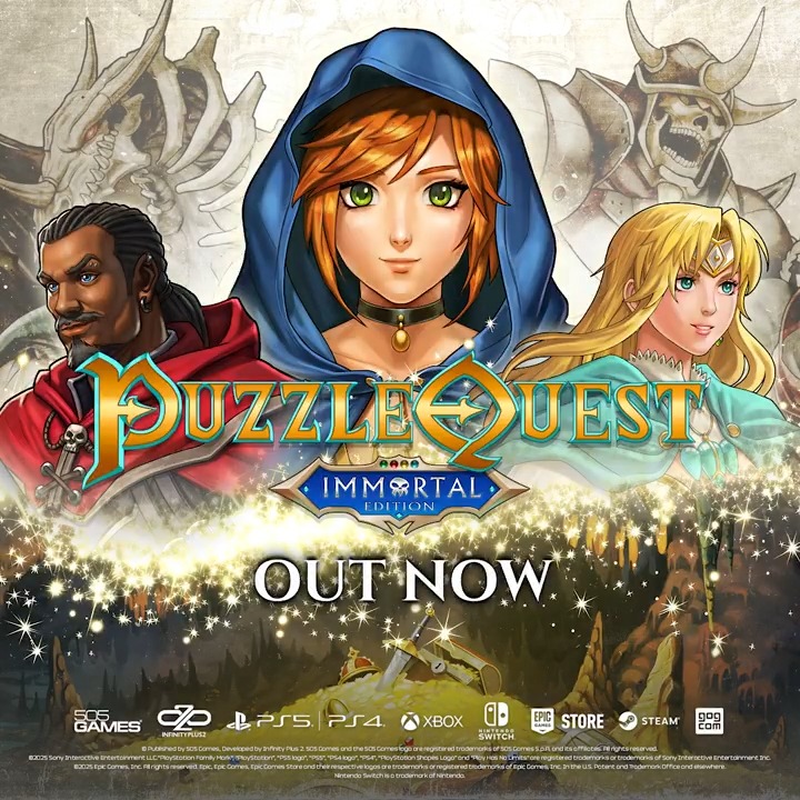 The wait is OVER! Puzzle Quest: Immortal Edition is OUT NOW on Steam, Epic Games Store, GOG, Xbox One, Xbox Series X|S, PlayStation 4, PlayStation 5, and Nintendo Switch. 🪙🔷🟨🔴🔷 💀🔴🌟🟨🪙 🌟💀🌟💀🔷 🔴🔷🟨🌟🔴 🔴🔴🔷🟨🔷 Enjoy 20% off: