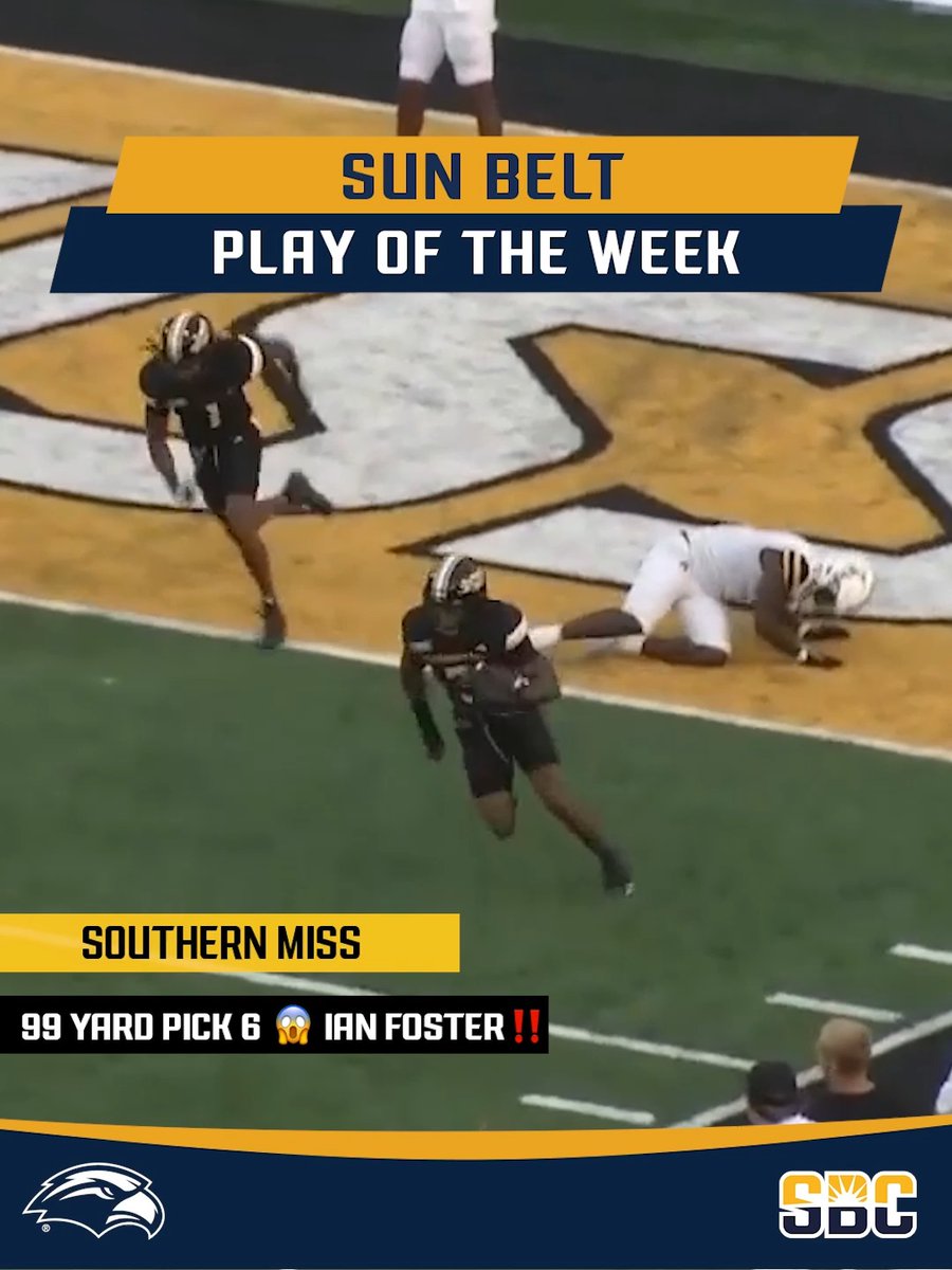 𝗧𝗛𝗘𝗥𝗘 𝗚𝗢𝗘𝗦 𝗧𝗛𝗔𝗧 𝗠𝗔𝗡. 99-yard pick six? Light work for Southern Miss Football's Ian Foster. ☀️🏈