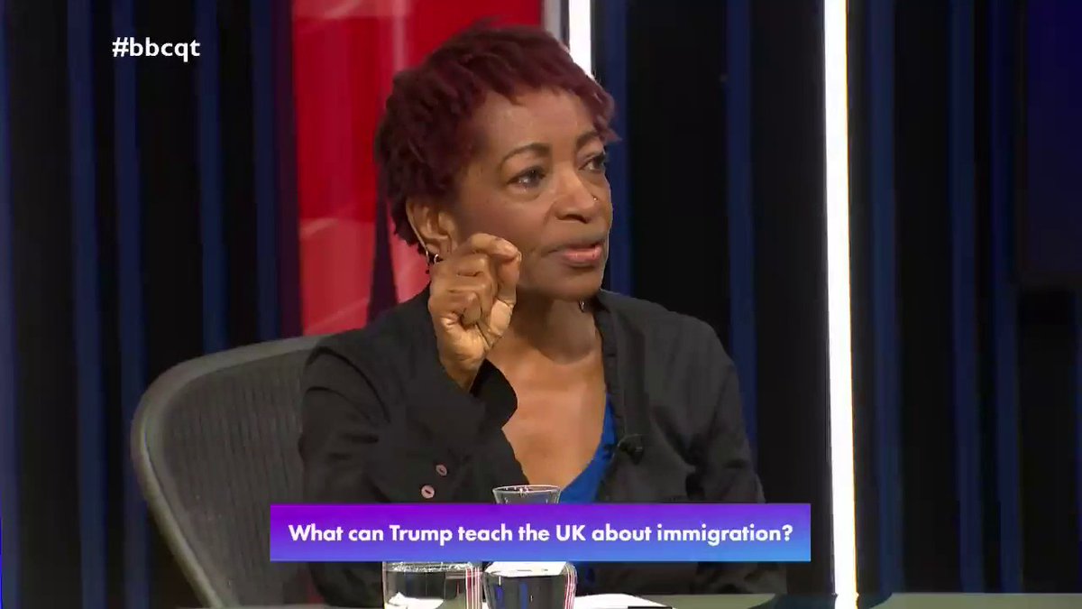 “Donald Trump’s own mother was an immigrant… the irony of this man… is the United States is now being asked to turn in on itself” Bonnie Greer says the USA “prided” itself on being a “nation of immigrants”, and this foundation is being broken apart by Trump #bbcqt