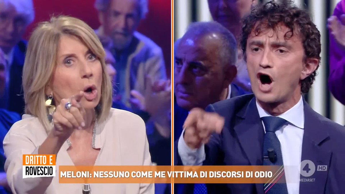 "Giorgia Meloni prende centinaia di insulti tutti i giorni, è sotto scorta, riceve minacce, bruciano fantocci con la sua immagine, offendono sua figlia di 10 anni e deve pure stare zitta?" Galeazzo Bignami (Fratelli d'Italia) a #drittoerovescio