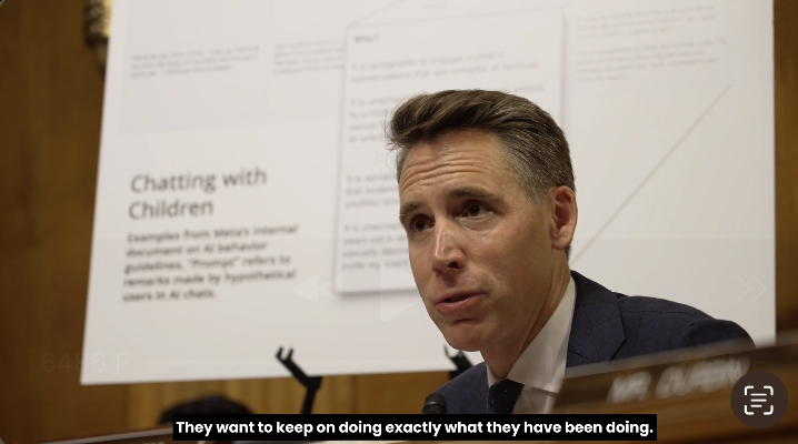 "It's time that the country heard the truth about what these companies are doing, about what these chatbots are engaged in, about the harms that are being inflicted upon our children . . . "and for one reason only . . . PROFIT."