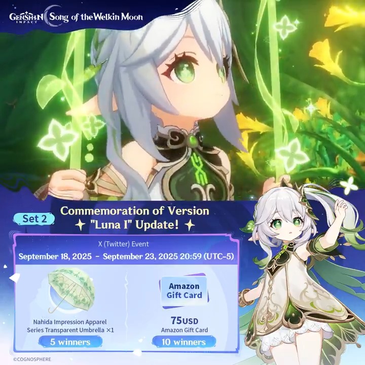 āØSet 2⨠Commemoration of Version "Luna I" Update! šParticipate for a chance to win official merchandise or a $75 Amazon gift card! How to Participate: ā Follow Genshin Impact ā” Repost this post Check results instantly: #GenshinImpact