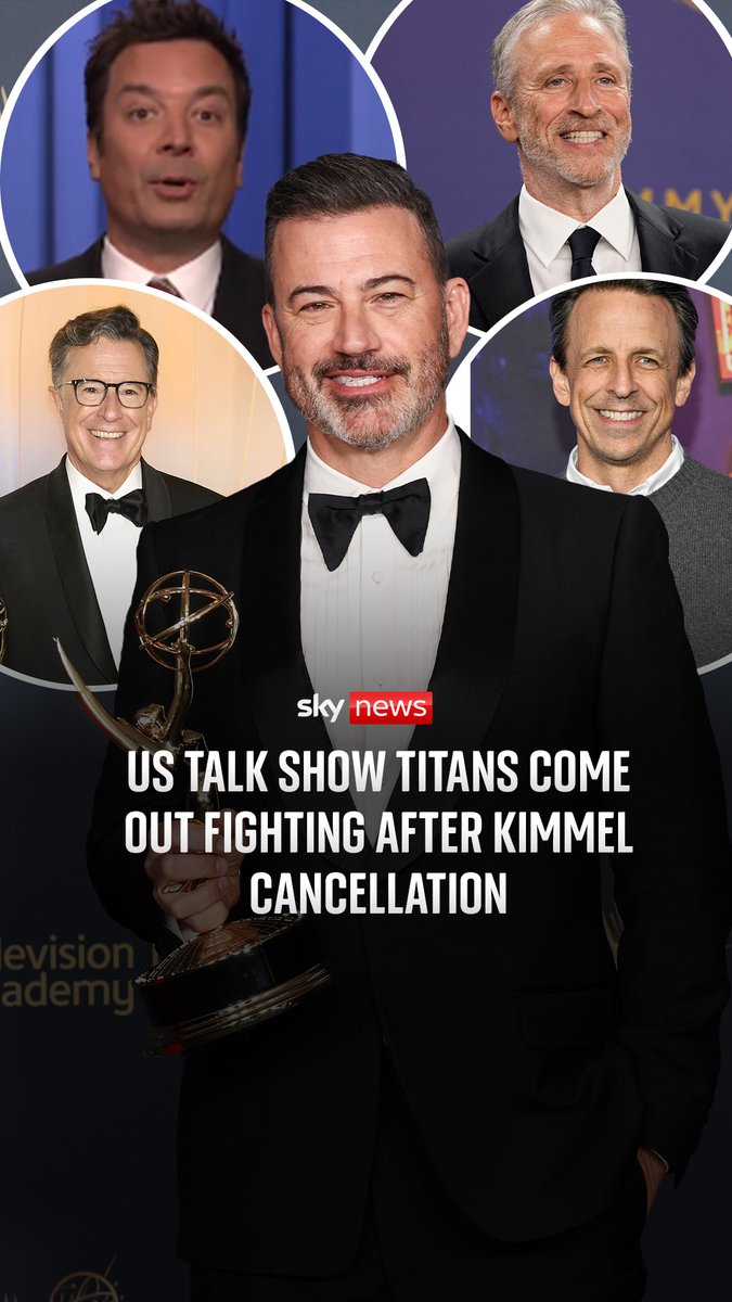 Following Jimmy Kimmel's cancellation over comments he made about Charlie Kirk, late-night hosts, Stephen Colbert, Jimmy Fallon, Jon Stewart, and Seth Meyers rallied around him - pointing aim at Trump's alleged incursion on free speech Read more: